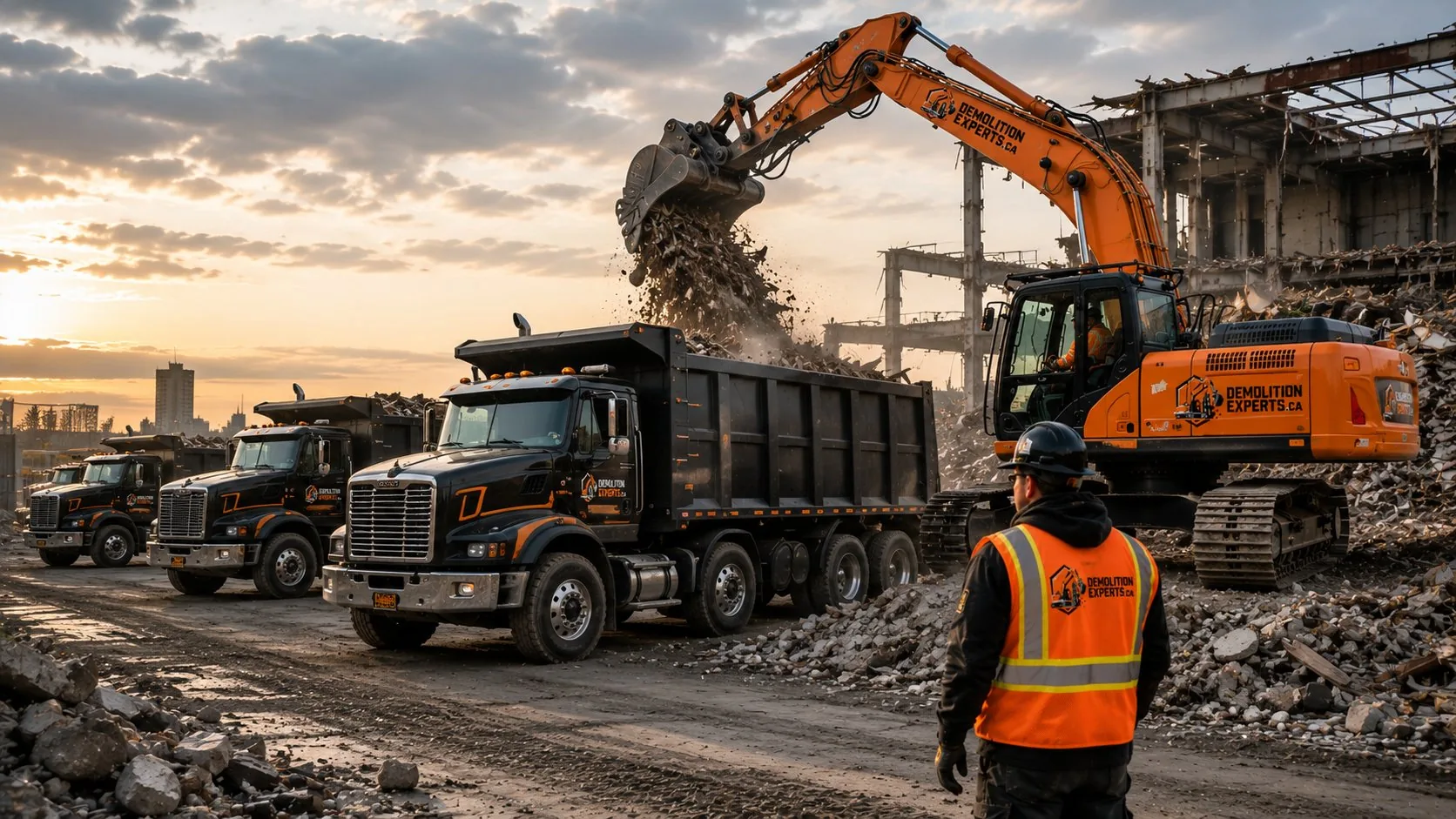 Camions chargés de débris de démolition